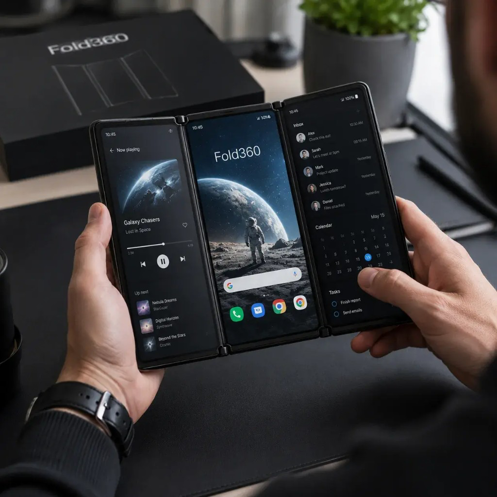 Fold360™ — skládací smartphone se 3 obrazovkami v použití