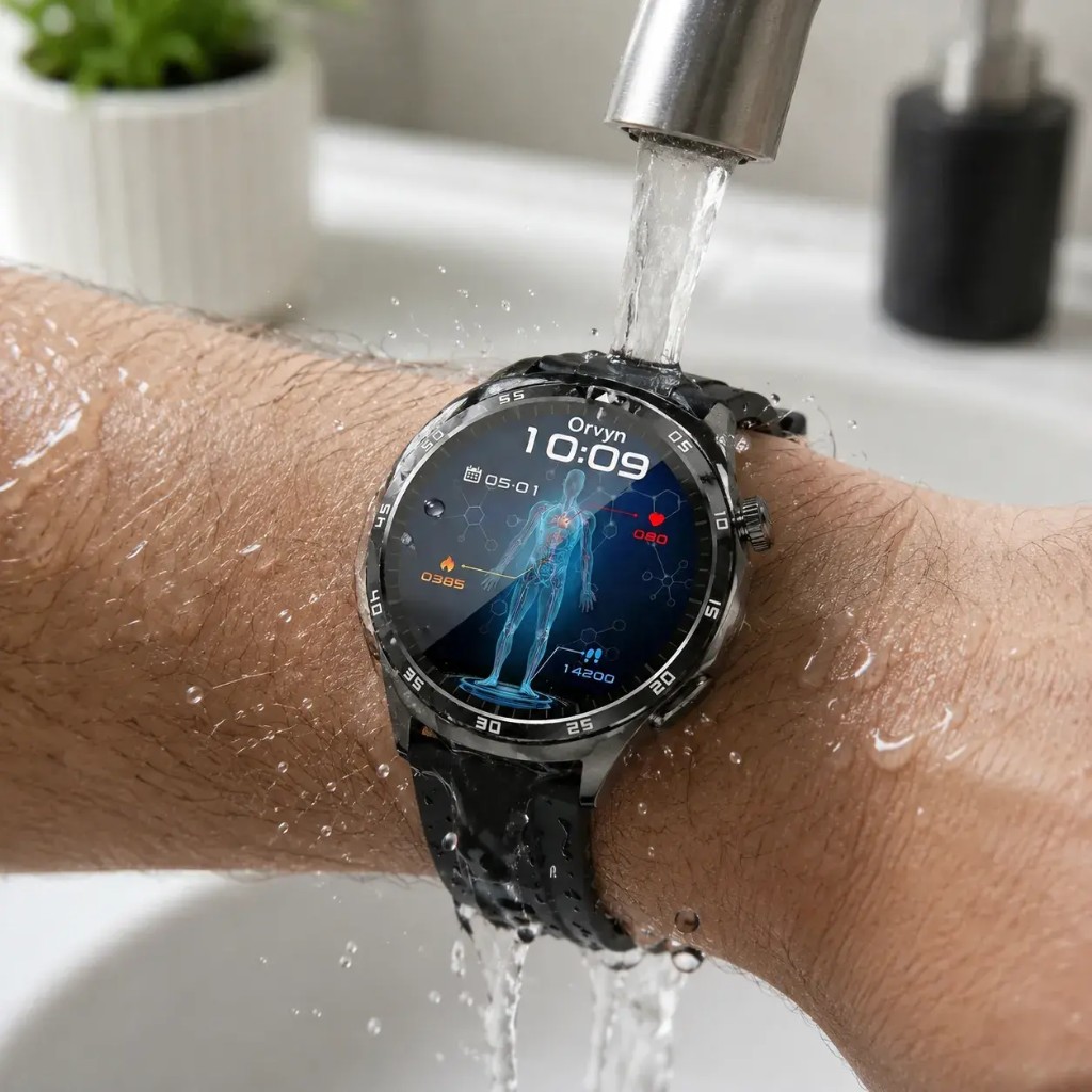 Orvyn smartwatch resistente all’acqua sotto il rubinetto