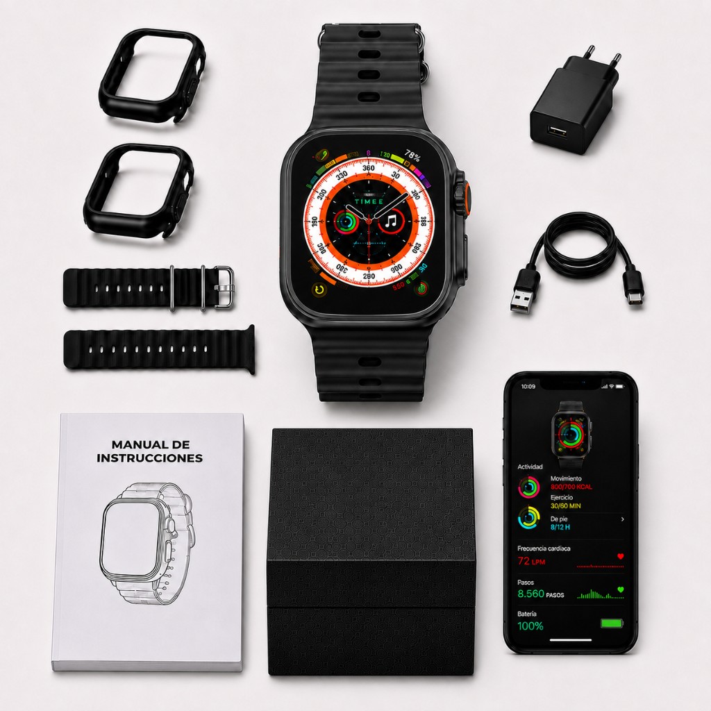 CoreSync — complete smartwatch kit with spare strap, charger, manual and mobile app
