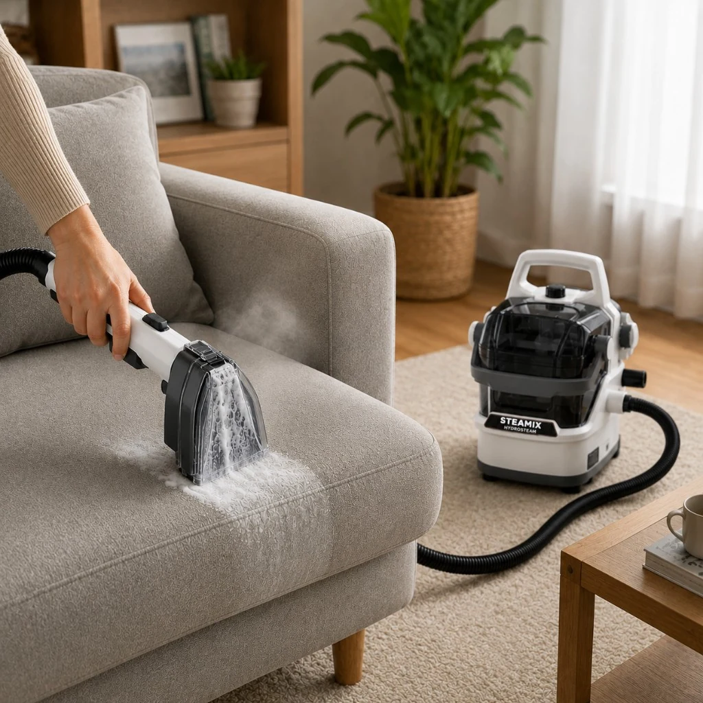 Steamix Hydrosteam steaming the arm of a fabric sofa