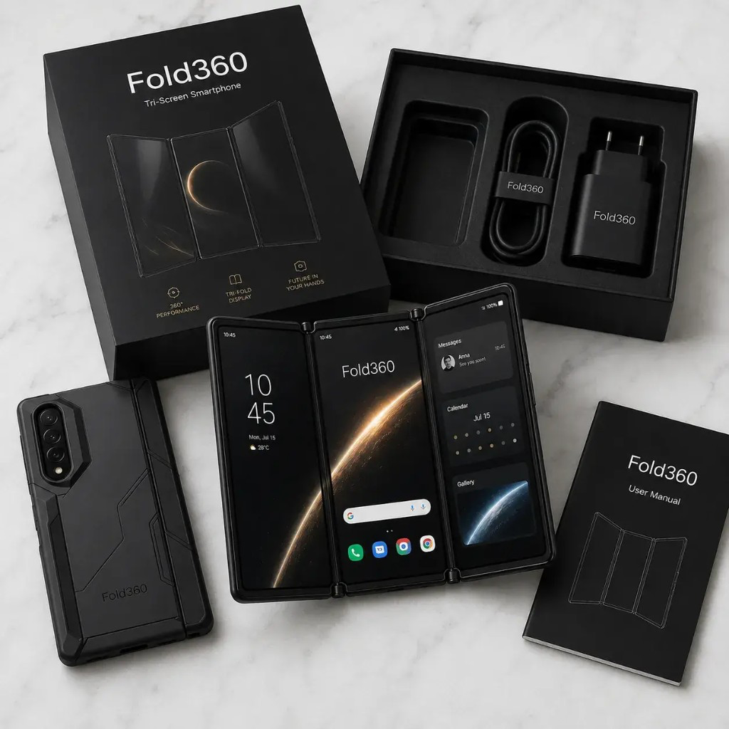 Fold360™ s krabicí, kabelem a obalem